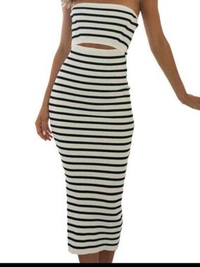 SHEIN Black and White Strapless Midi Dress with Front Cutout